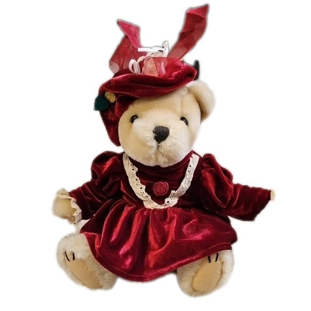 Pickford Teddy Bear Pearl Plush Stuffed Animal Red Velvet Dress 12" Brass Button